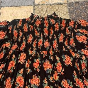 Angie Black Floral Smock Top with Orange and Green Accents